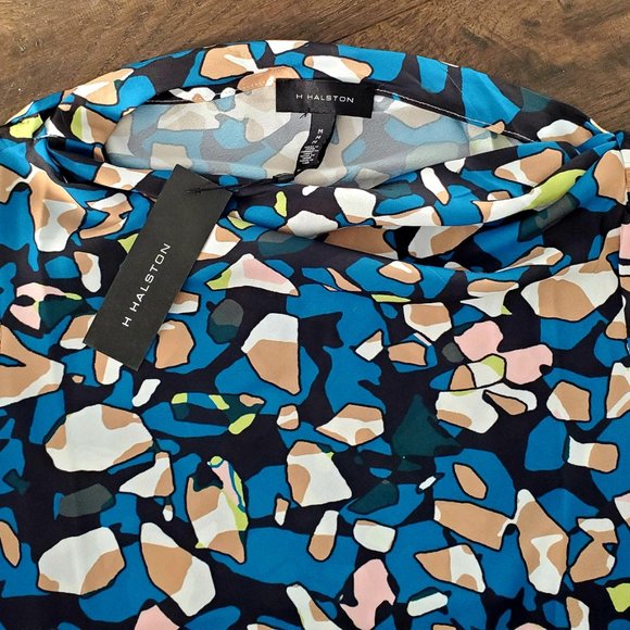 HALSTON Cowl Neck Blouse Teal Blue Black Neutral Colours Ditsy Geometric Print - Picture 3 of 4